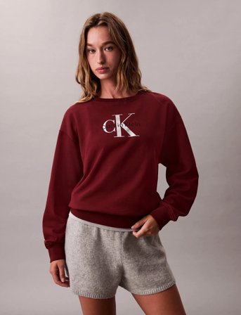 Calvin Klein Jeans Ls Monologo French Terry Rlxd Cr - Burgundy - XXS