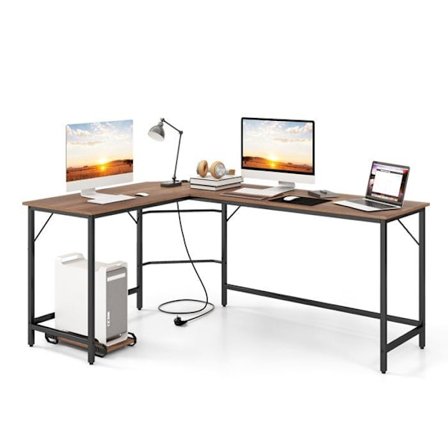 COSTWAY 168 x 125 cm hörnskrivbord med CPU-hållare, 2 eluttag och USB- och typ C-port, robust metallram, naturlig