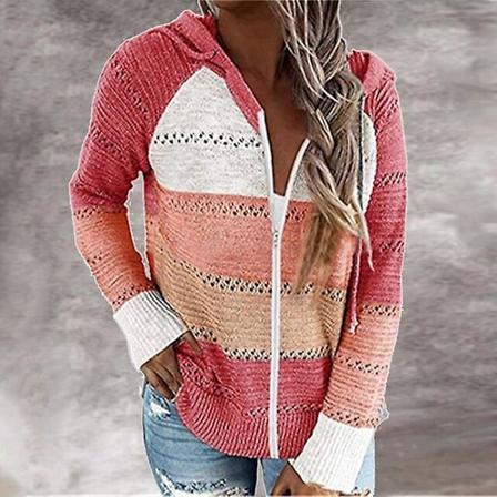 Stribet Elegant Cardigan til Kvinder, Langærmet Top, Casual Strikket V-hals Trøje med Farvet Lynlås, Rød Color Zipper Red XXXL
