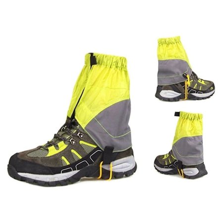 1 pari vihreitä kävelyretkeilyyn sopivia vedenpitäviä lumisuojia, kevyitä juoksuun sopivia suojia