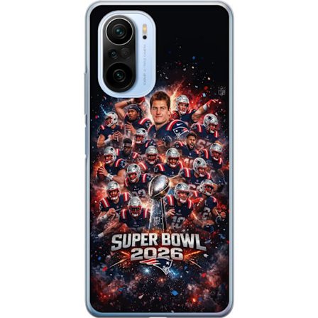 Yhteensopiva Puhelinkuori Xiaomi Mi 11i Super Bowl 2026 juliste, jossa New England Patriots ja NFL-mestaruuspalkinto räjähtävän urheilullisessa suunni