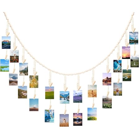 Hængende fotodisplay med 24 clips, Boho træperler guirlande, vægophængt fotoguirlande display clip
