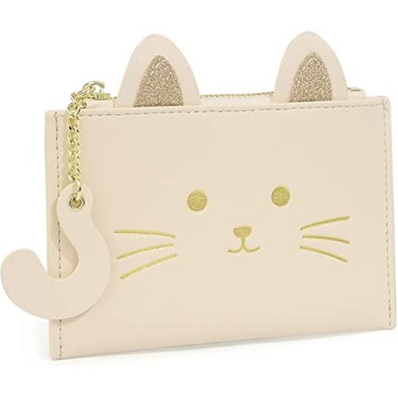 Kawaii plånbok för flickor söt katt smal kortfodral arrangör vegansk läder kvinnor liten dragkedja myntväska, kattöra beige