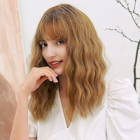 20" Brun Peruk Med Lugg Kort Lockig Syntetisk Peruk För Kvinnor (2 Perukmössor