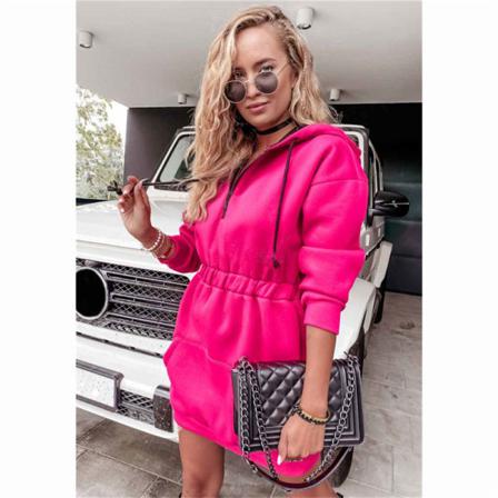 Kvinnor Solid Långärmad Hoodie Mini Dress Autumn Front Drawstri