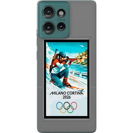 Yhteensopiva Puhelinkuori Motorola Edge 50 Retrojuliste Cortina Milano 2026 vuorilla, talviurheilijoilla, italiankoloreilla, Milanon tuomiokirkolla ja