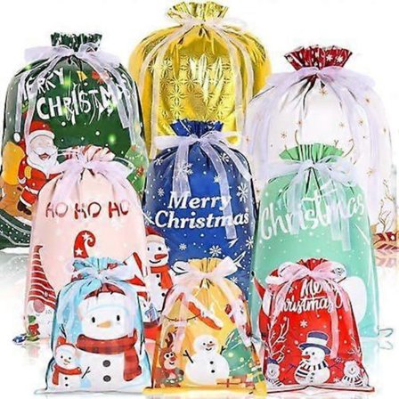 32 stk. julegaveposer med snoretræk, 9 designs & 4 størrelser store mellemstore små folie juleposer til gaver, genanvendelig julegavepose multipack 