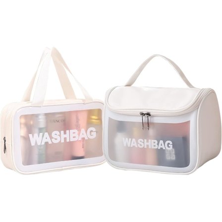 2 stk. Rejse Makeup Taske, Toilet Taske Dame, Bærbar Stor Kosmetiktaske Makeup Etui Organizer til Kvinder og Piger Hvid