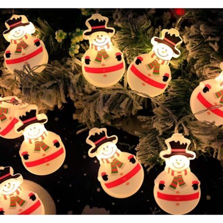 Ljusslinga 2 Meter med 10 Glada Snögubbar med svart hatt - Batteridriven -