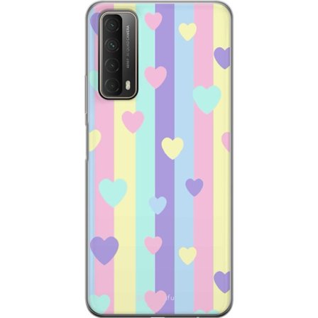 Yhteensopiva Puhelinkuori Huawei P smart 2021 Pastelliraitoja pinkissä, keltaisessa, violetissa ja sinisessä, joissa on hajallaan pehmeitä kawaii-tyyl