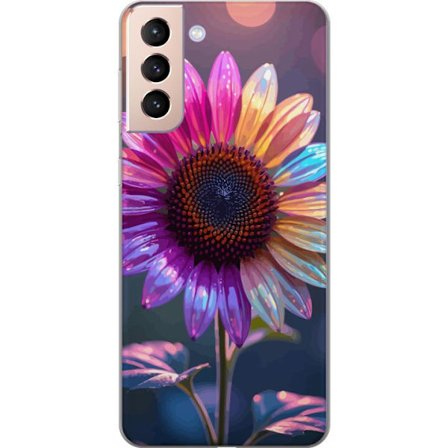 Kompatibelt Mobildeksel til Samsung Galaxy S21 Irideserende blomst med glitrende kronblad i rosa lilla og gull mot myk bokeh bakgrunn