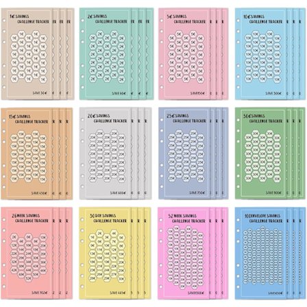 48-delers A6 spareutfordringssett - 12 pengesporere for €1/€2/€5/€10/€15/€20/€25/€30 + 30/52/100-dagers utfordringer (budsjettperm)