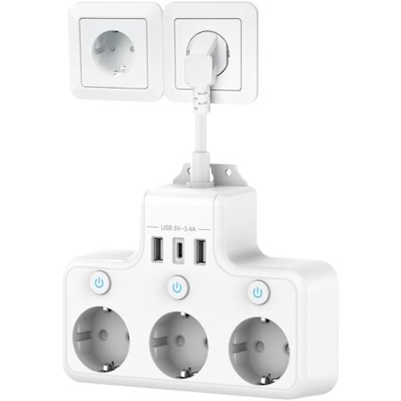 Flere stikkontakter med individuell bryter, skjøteledning med USB-C 3 uttak og 3 USB-ladere, vegguttak med flere USB-uttak, kort kabel