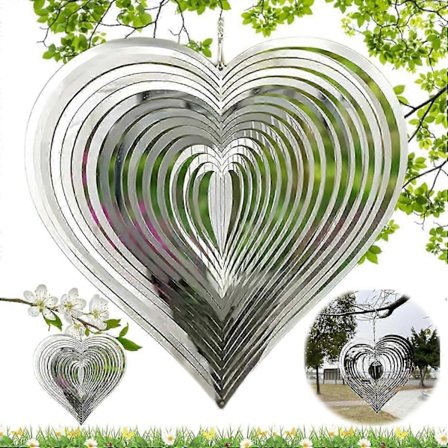 Hjerteformede udendørs vindspil, 3D vindspil i rustfrit stål, romantiske dekorative vindspil til haven, velegnet til have, terrasse, vinduer, udendørs