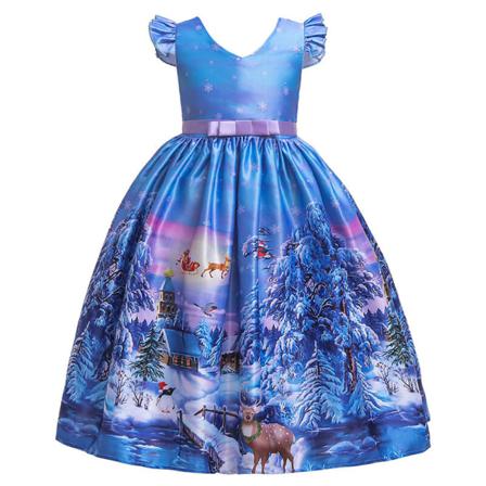 Toddler Santa Print Crew Neck Party Dress Kortärmade Klänningar