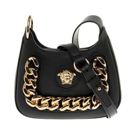 Versace, Leather Crossbody Bag with Metal Logo Czarny, Kobieta, Rozmiar: ONE Size