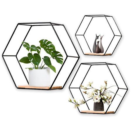 Hexagon Vägg Hylla Set - Moderna Flytande Metallhyllor för Badrum, Sovrum, Vardagsrum & Kontor (Svart)[YDE]