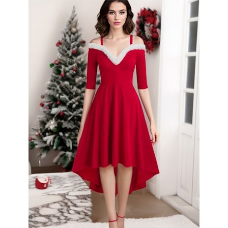 1 Julekjole med imiteret pels krave og off-shoulder udskæring – Perfekt julebeklædning til fester