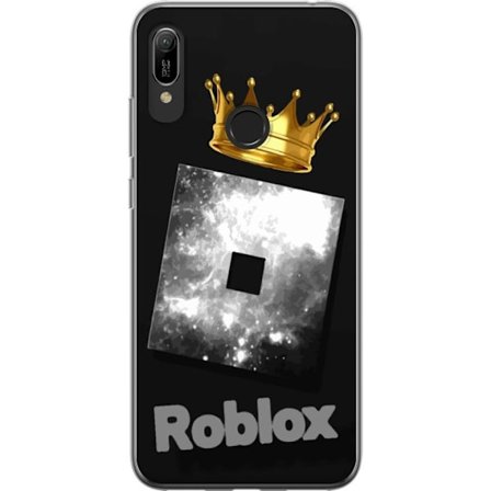 Kompatibelt Mobildeksel til Huawei Huawei Y6 (2019) Minimalistisk svart og sølvfarget Roblox-symbol med gylden krone og luksuriøs gamer-estetikk på
