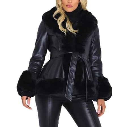 Fauxläderjacka för kvinnor Kort kappa med pälskrage svart