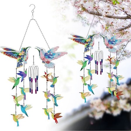 5D Diamant Kunst Kolibri Vindspil, Solfanger Håndværkssæt med Funklende Krystaller, Dobbeltsidet Hængende Dekoration til Vinduer & Have