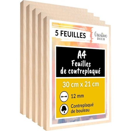 Plywood-panel - CREATIVE DECO - Sæt med 5 plader - 300 x 210 x 12mm - Kvalitet B - Flerbrugsbrug