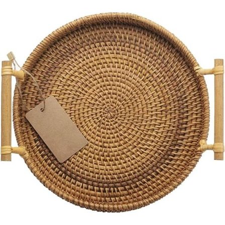 IC (24 cm diameter) brød- og fruktkurv, rund serveringsbrett i flettet med håndtak, rotting