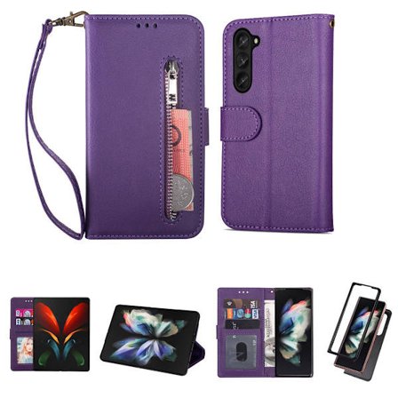 Til Samsung Galaxy Z Fold5 Telefon Cover Anti-Ridse Lynlås Pung Læder Telefon Beskyttelses Cover - Lilla (Lilla)