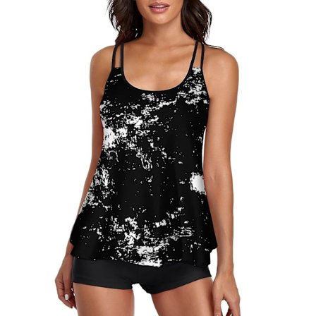 Flowy Tankini badedragt til kvinder, badedragt med mave, todelt badedragt, tanktop med shorts, sort, L (FMY)