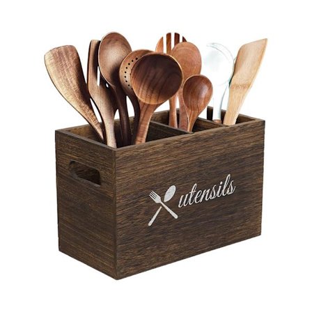 Puinen keittiövälineiden säilytysteline kahdella lokerolla, rustiikkinen keittiövälineiden pidike keittiön työtasolle, puinen välineiden 