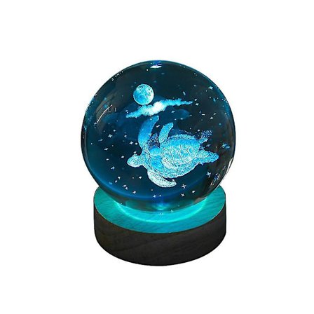 3D skildpaddekrystal kuglelampe med træbase, 6 cm farverig natlampe til boligindretning gave