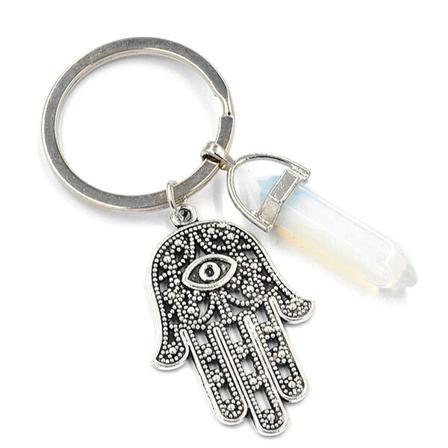 Nyckelring Opalit Hamsa Fatimas Hand Allseende Öga Symbol Vit