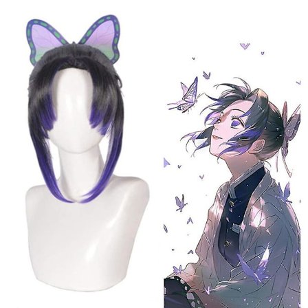 Demon Slayer Anime Kochou Shinobu Cosplay Syntetisk Hår Full Parykker Med Sommerfugl Hår Tilbehør Halloween Karneval Fest Kostyme Rekvisita