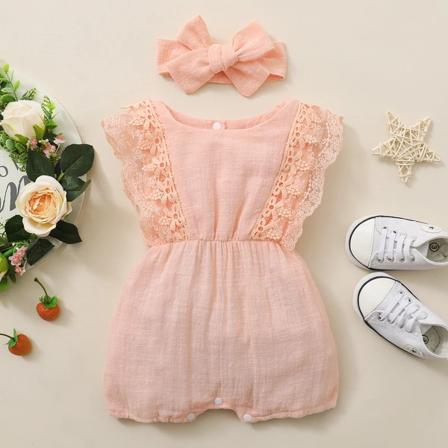 2st Baby Girl 95% bomull Spets Flutter-ärm Romper med Pannband Set Pink 6-9Months