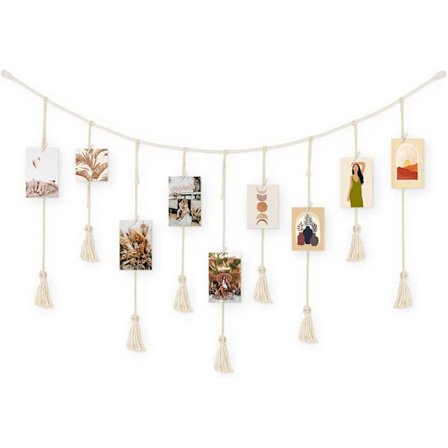 Makramé Väggbonad med 9 Tofsar 20 Träklämmor Boho Fotovisning för Sovrum Vardagsrum Present