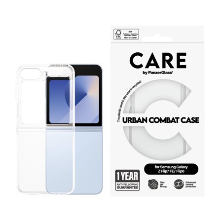 PanzerGlass CARE Galaxy Z Flip7 FE / Flip6 Urban Combat deksel (gjennomsiktig) Klar ramme, resirkulert plast, Slim