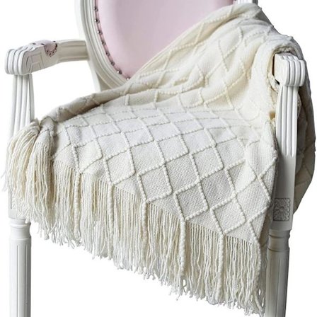 Pehmeä neulottu villahuopa tupsuilla, pehmoinen huopa, sohvanpeitto, sängynpeitto, beige 150 x 200 cm