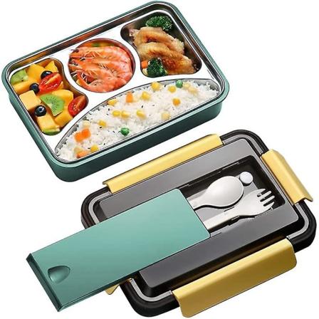 304 4 i 1 Lunsjboks med Bestikk, Speyang Lekkasjesikker Bentoboks, Rustfritt Stål Bentoboks, Lekkasjesikker Skje Bentobokser, Lunsjboks for Barn og 