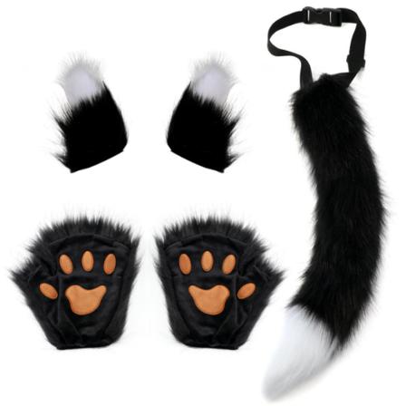 Wolf Fox Tail Clip öron och handskar Set Halloween kostym black white