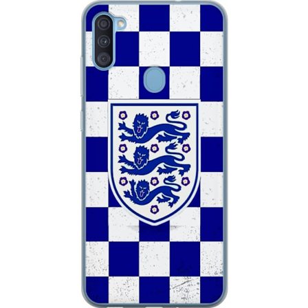 Kompatibel Mobilcover til Samsung Samsung Galaxy A11 Grafisk skakternet mønster i blåt og hvidt med et klassisk heraldisk emblem, retro-inspireret s