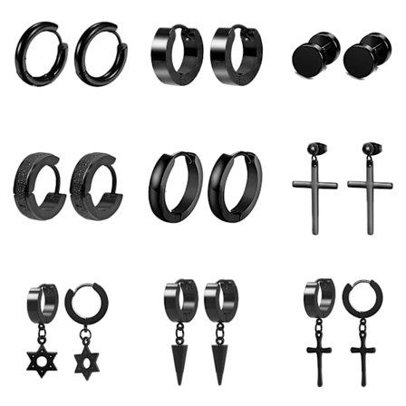 9 par sorte øredobber for menn, sorte øredobber for menn, sorte øredobber for menn, rustfritt stål øredobber sett smykker piercinger for menn og 
