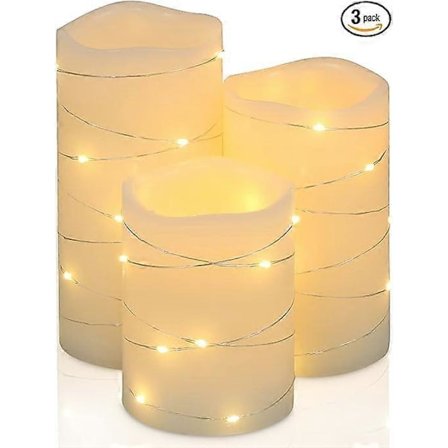 Välkkyvät liekittömät kynttilät, norsunluunväristä aitoa vahaa, pylväsmuotoiset, upotetut valoketjut, LED-kynttilät, paristokäyttöiset, 3 kpl (3" x 4"