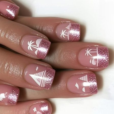 24x Korta Ovala Tryck På Naglar Kokospalm Lösnaglar Glitter Stick on Naglar