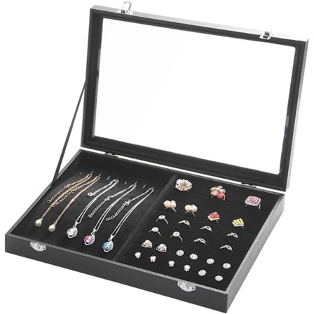 Multifunktionell smyckesbricka med glaslock, halsbandsringorganisatör, örhängen, skyltfönster, förvaringslådor med lås, svart (ringmixhalsband)