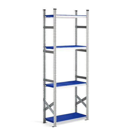Reol grunnseksjon med blå plasthyller, 2500x900x400 mm