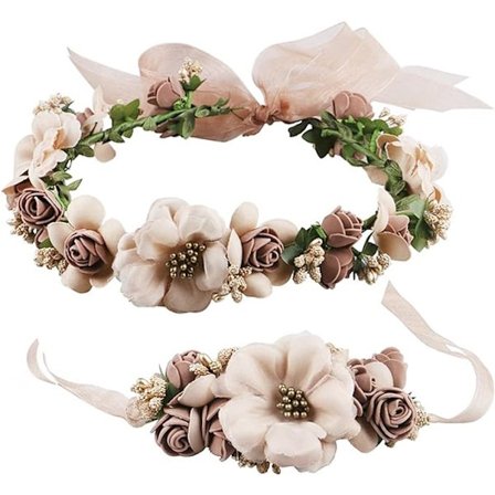Blomsterkrans for kvinner og jenter, blomsterhodeband, blomsterkrone, hårkrans, krans, glorie med blomsterarmbånd for brudefotografering, bryllup, 