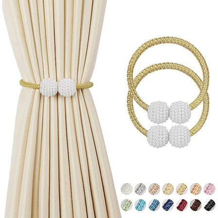 2 magnetiske gardinholdere (gull) - 42 cm lange perlekulegardinholdere