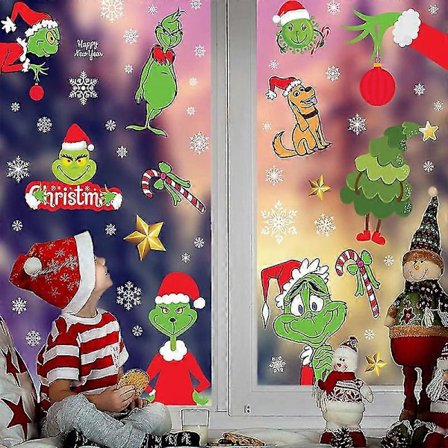 8 ark julevinduesklistermærker, Grinch dobbeltsidet snefnug-klistermærke, julevinduesdekorationer