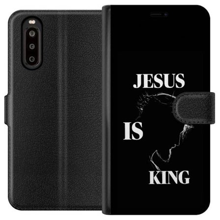 Yhteensopiva Lompakkokotelo Sony Xperia 10 II Värikkäitä kawaii-hahmoja pinottuna pystysuunnassa violetilla taustalla, pehmeillä muodoilla ja leikkisä