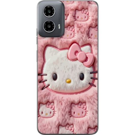 Kompatibel Mobilcover til Motorola Moto G34 Hello Kitty lyserød fluffy baggrund med ikonisk ansigt og kawaii-æstetik